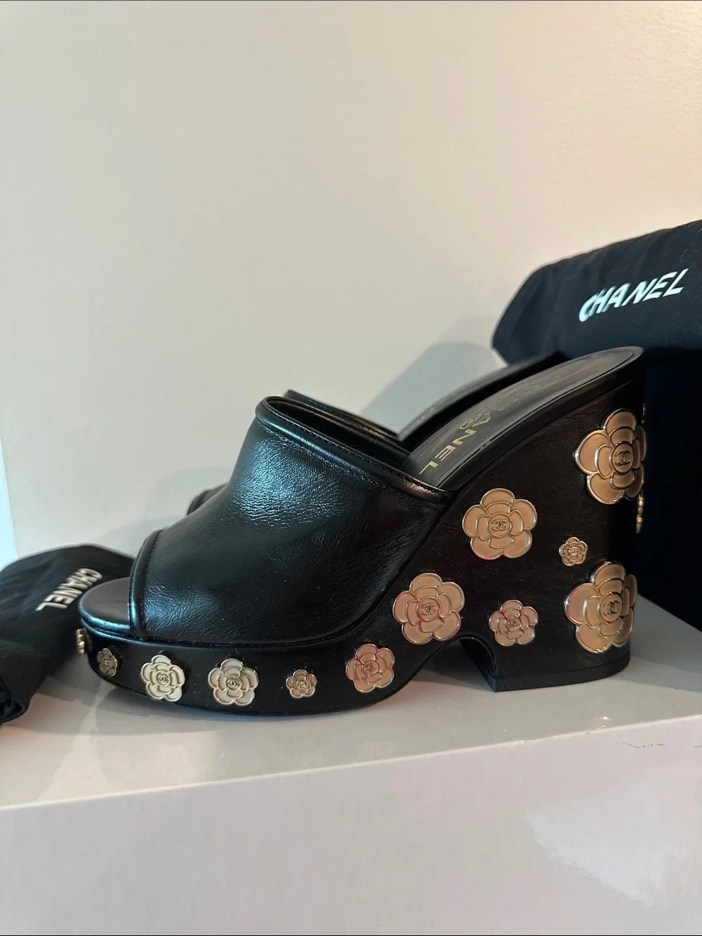 CHANEL Black Leather Camellia-Embellished Mules